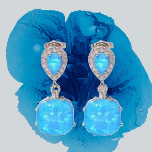 Jewelry - Cushion Cut Blue Opal and White Sapphire Earrings